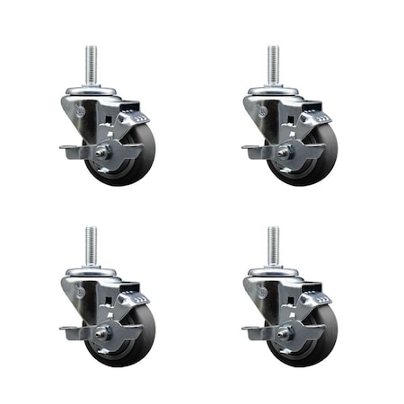 Service Caster 3 Inch Thermoplastic  Rubber Wheel Swivel 34 Inch Threaded Stem Caster Set with Brake SCC SCC-TS20S314-TPRB-TLB-34212-4